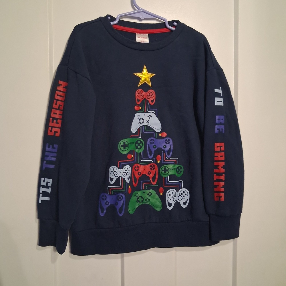 Holiday Time Sweatshirt Boys M 8 Navy Blue Gamer Christmas Tree Graphic Fleece